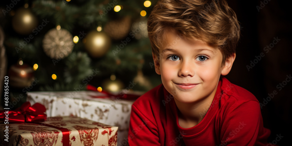 Boy with captivating eyes in red shirt, Christmas gifts in the background. Festive mood, Generative AI Boy with captivating eyes in red shirt, Christmas gifts in the background. Festive mood, Generative AI