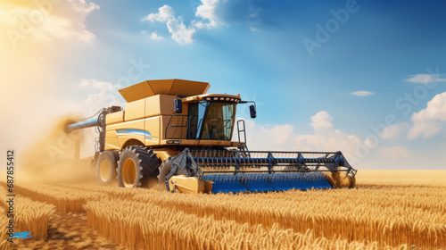 Harvesting machine in golden wheat field