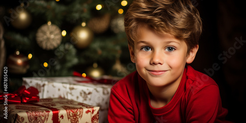 Boy with captivating eyes in red shirt, Christmas gifts in the background. Festive mood, Generative AI