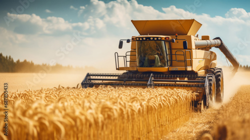 Harvesting machine in golden wheat field