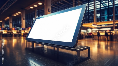 Sleek information digital display mockup in spacious airport terminal. Travel and technology concept. Generative AI