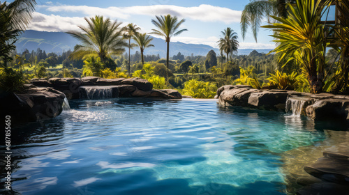 Eco-friendly infinity pool with a breathtaking jungle view. Sustainable luxury. Generative AI