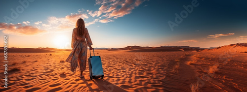 Woman with suitcase standing in desert at sunset, travel solitude concept. Summer vacation. Generative AI © ImageFlow