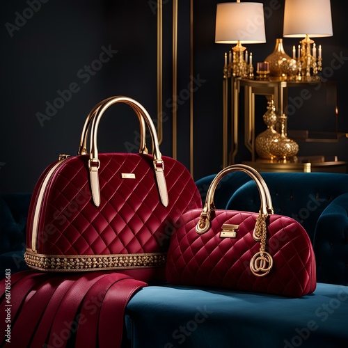 promotional shots of luxurious handbags arranged elegantly on a velvet couch