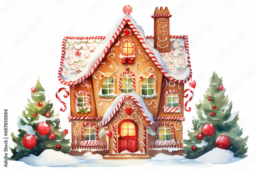 Festive Delight: Watercolor Gingerbread House with Christmas Decorations