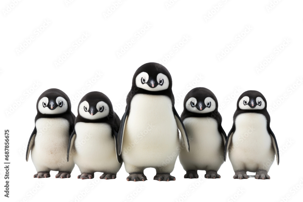 Fototapeta premium Animal Frozen Gathering Penguins in Social Cluster on a White or Clear Surface PNG Transparent Background
