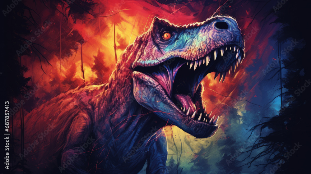 Cartoon style movie poster of scary dinosaur that is roaring Cartoon style movie poster of scary dinosaur that is roaring