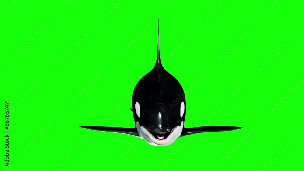 orca swimming on green background. front view of a swimming orca. 3d animation of an orca orca swimming on green background. front view of a swimming orca. 3d animation of an orca