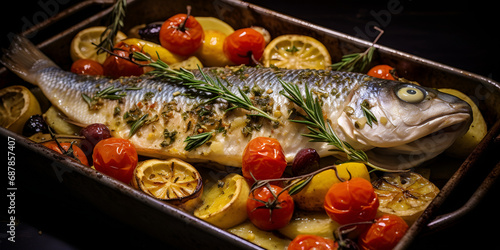 Baked sea bass in a baking dish with spices and vegetables on an black background. dietary menu.