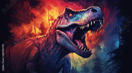 Fototapeta Naklejka Na Ścianę i Meble -  Cartoon style movie poster of scary dinosaur that is roaring