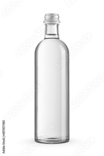Purified water in a transparent glass bottle with aluminum screw cap isolated. Transparent PNG image.