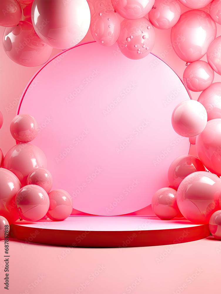Luxury circle rounded with balloons on pink background AI Generative