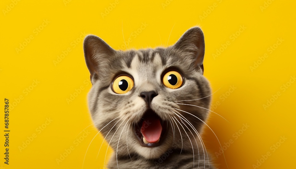 Surprised Cat with Yellow Background, Portrait of a black cat on a yellow background. Studio shot. Surprised Cat with Yellow Background, Portrait of a black cat on a yellow background. Studio shot.
