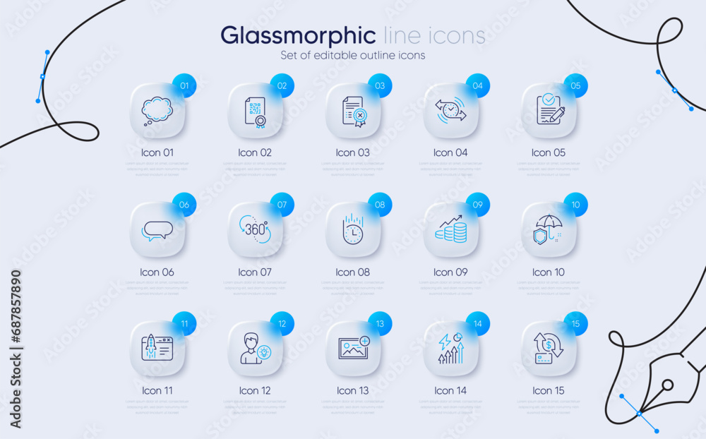 Naklejka premium Set of Add photo, Timer and Comic message line icons for web app. 360 degree, Reject certificate, Umbrella icons. Messenger, Person idea, Electricity consumption signs. Rfp. Vector