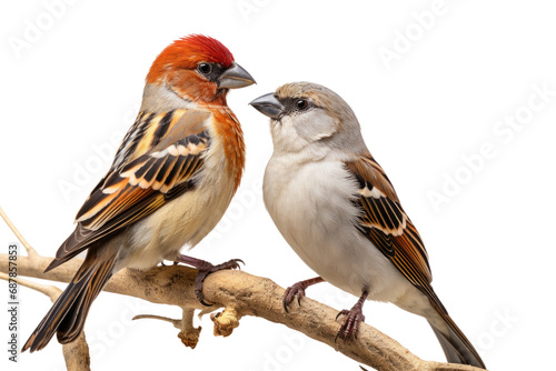 Animal Colorful Parrot Visits Timid Sparrow on a White or Clear Surface PNG Transparent Background © Usama