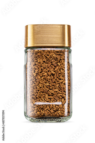 Instant coffee in small glass jar with golden lid isolated. Transparent PNG image.