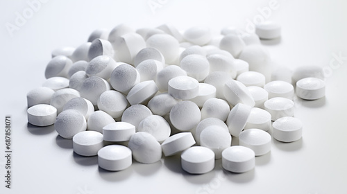 Lot of white pills lying on table close up white background. Pharmaceutical industry