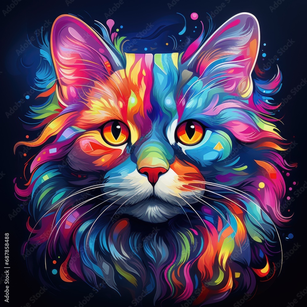 Persian cat The bright and vivid palette adds a sense of playfulness to the artwork, and the cat's confident posture and the whimsical glasses convey a sense of charm.