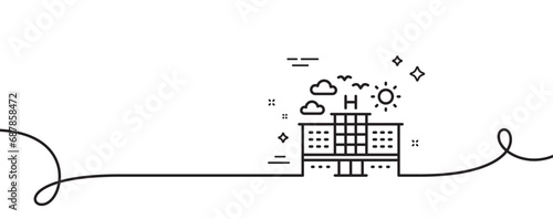 Hotel line icon. Continuous one line with curl. Travel sign. Holidays building symbol. Hotel single outline ribbon. Loop curve pattern. Vector