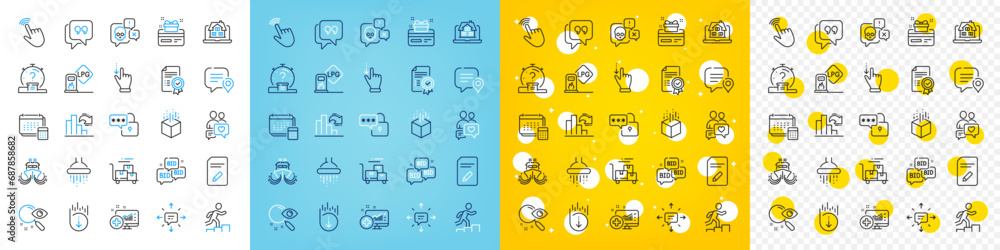 Vector icons set of Shower, Sms and Quiz line icons pack for web with Leader run, Loyalty card, Realtor outline icon. Cyber attack, Account, Cursor pictogram. Search, Quote bubble, Lock. Vector