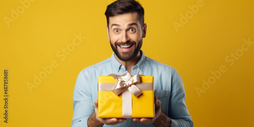 A cute young man happily surprised with a gift in his hands with a yellow background © artefacti
