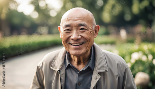 Mature asian man outdoors with copy space