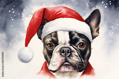 Whimsical Canine Christmas: Watercolor Design of a Dog Sporting a Santa Hat © Cyprien Fonseca