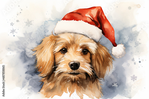 Holiday Hound: Adorable Dog in Santa Hat Captured in Watercolor Painting photo