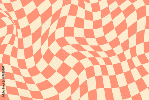 Psychedelic checkerboard pattern. Funky checkered background. Distorted graphic retro style