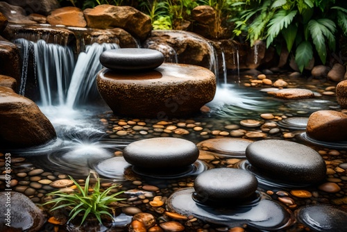 Spa stones in garden with flow water-