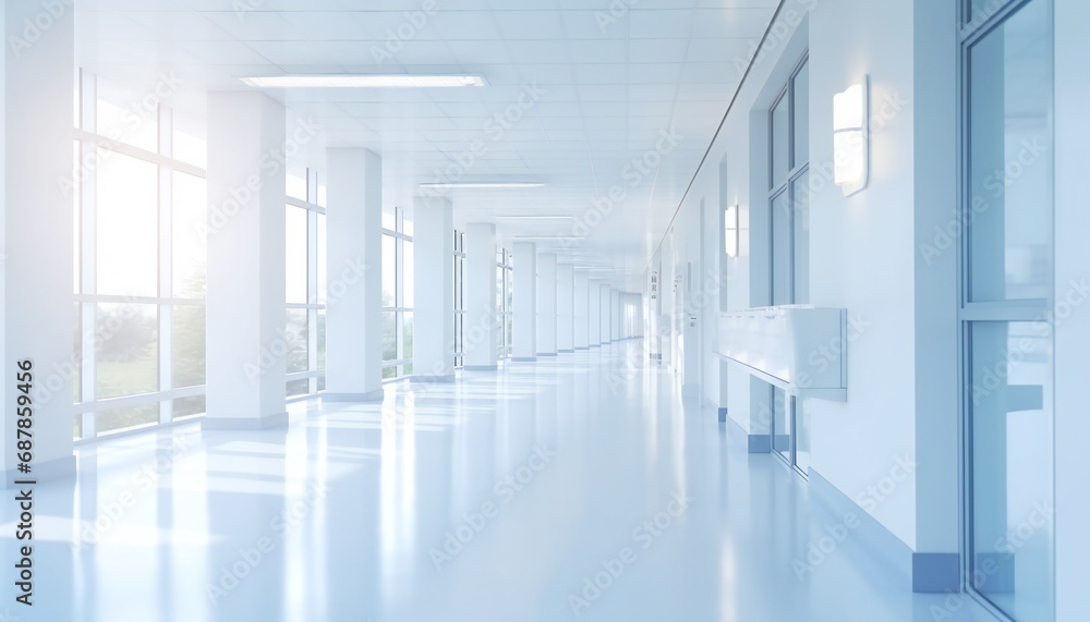 modern hospital with an empty long corridor. Empty corridor in modern hospital