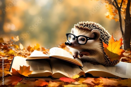 *hedgehog reeding a book with glasses in autumn--
