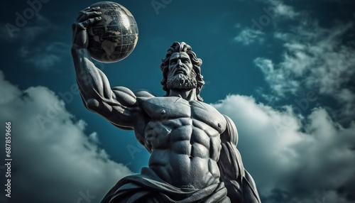Atlas. Statue of Greek god supporting the weight of the world. Atlas statue with blue sky photo
