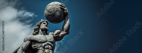 Atlas. Statue of Greek god supporting the weight of the world. Atlas statue with blue sky