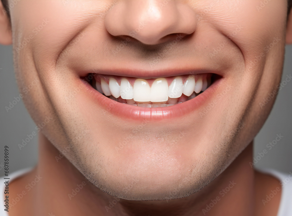 Fototapeta premium Close up portrait of a man with wide smile and white teeth. man show a bright smile with teeth