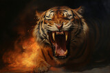 Fierce Blaze: Roaring Tiger Captured in an Aggressive Portrait Amidst Fire