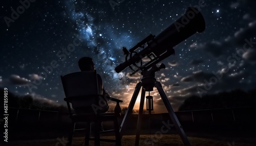 Man sitting outside and looking through a big telescope at the night sky full of stars. photo