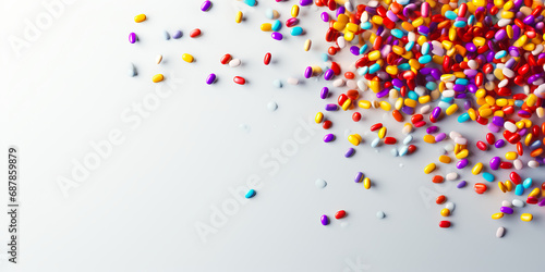 top view of Lot of colorful pills lying on table close up white background. Pharmaceutical industry