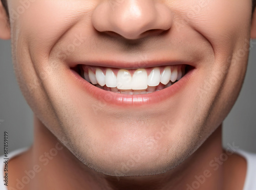 Close up portrait of a man with wide smile and white teeth. man show a bright smile with teeth