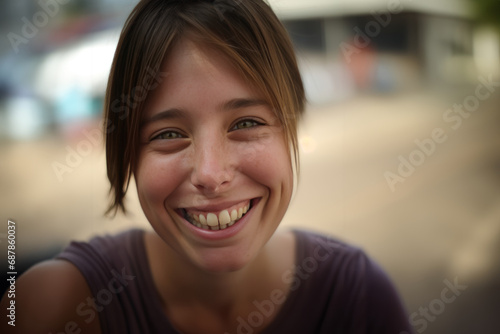 gros plan d'une très jeune femme sympathique et souriante en extérieur photo