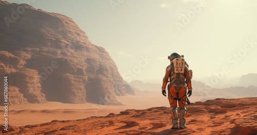 Back view of astronaut wearing space suit walking on a surface of a red planet. Mars colonization concept