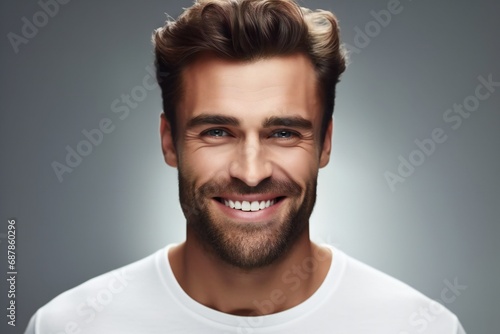 Smiling man studio portrait isolated on grey background. dental service advertisement.