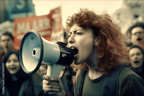 Girl with megaphone scream. Female feminist demonstration. Loudspeaker shouting. photo
