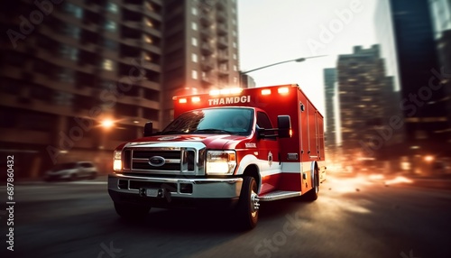 Ambulance driving on the highway with cityscape in the background