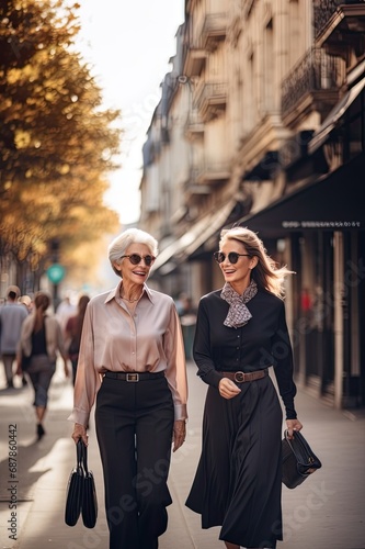 Two friends in elegant stylish clothing walking together along the street. © Henrry L