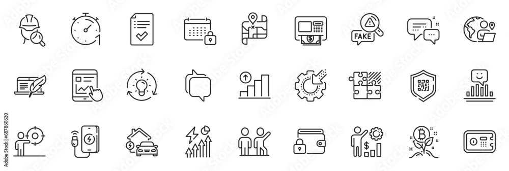Icons pack as Safe box, Timer and Copyright laptop line icons for app include Employees wealth, Qr code, Inspect outline thin icon web set. Lock, Bitcoin project, Messenger pictogram. Vector Icons pack as Safe box, Timer and Copyright laptop line icons for app include Employees wealth, Qr code, Inspect outline thin icon web set. Lock, Bitcoin project, Messenger pictogram. Vector