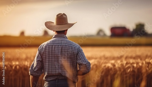 Farmer is standing backwards on his wheat field. photo