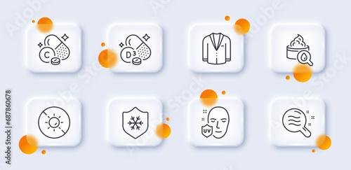 Vitamin c, No sun and Skin condition line icons pack. 3d glass buttons with blurred circles. Moisturizing cream, Uv protection, Suit web icon. Clean skin, Cholecalciferol pictogram. Vector