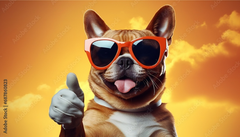 a dog with his tongue hanging out in orange glasses on an orange background shows a thumbs up