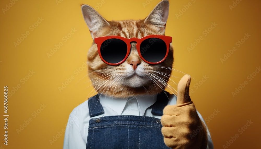 red cat wearing orange glasses and a shirt shows thumbs up on a yellow background